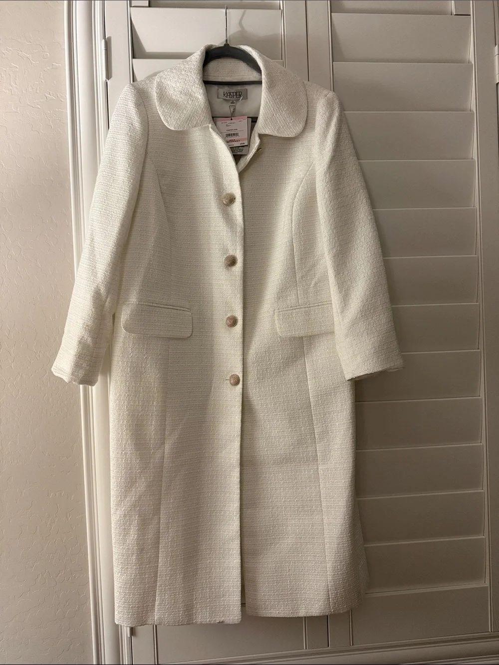 Kasper Cream Textured Knee-Length Coat with Rounded Collar - Picture 1 of 3